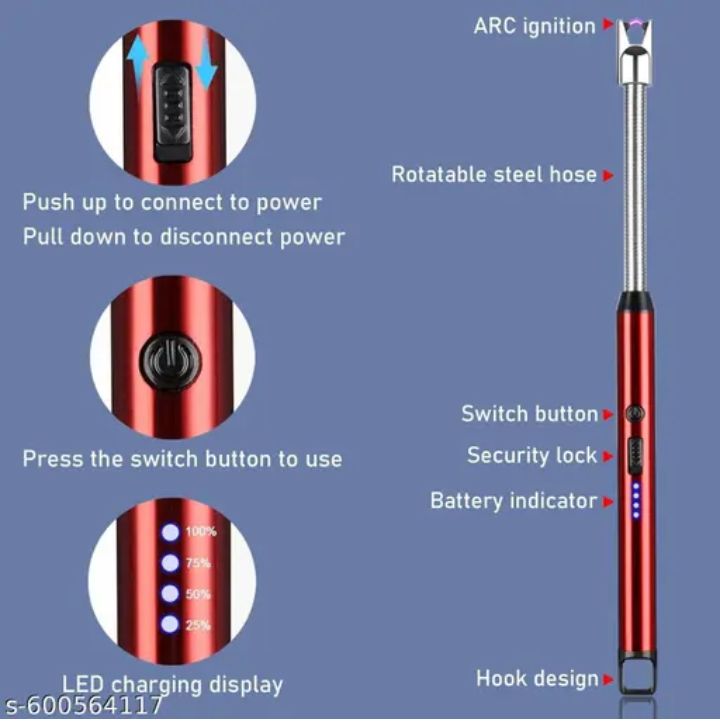 (BUY 1 GET 1 FREE )Gas Lighter for Kitchen Rechargeable Electric Lighter for Gas Stove & Candle with USB Charging Port Electric Lighter for Kitchen, Candles, Pooja Tools, 360° Flexible & Windproof